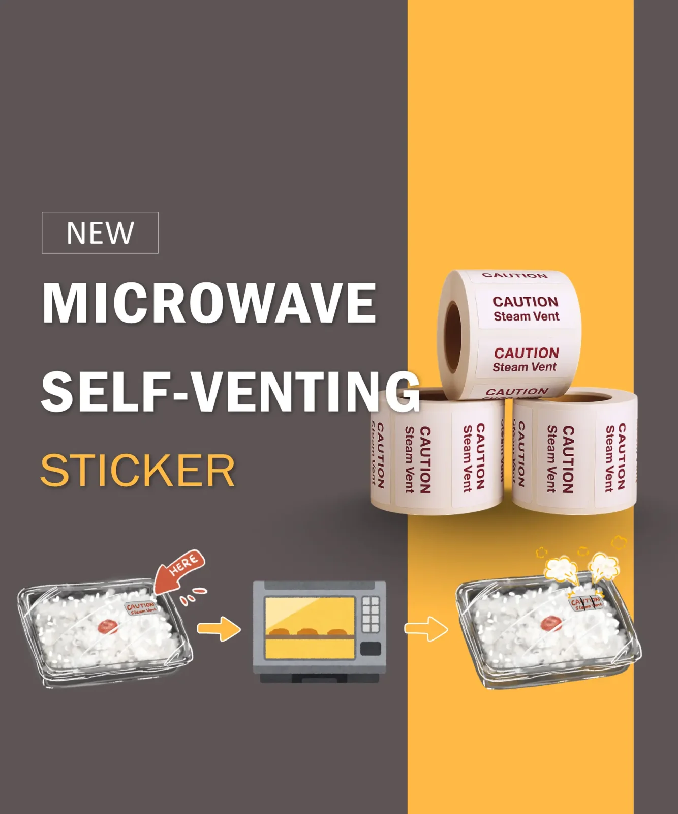Microwave Self-Venting Sticker is specially designed for microwaveable food packaging, including ready meals, prepared dishes, and frozen foods. 