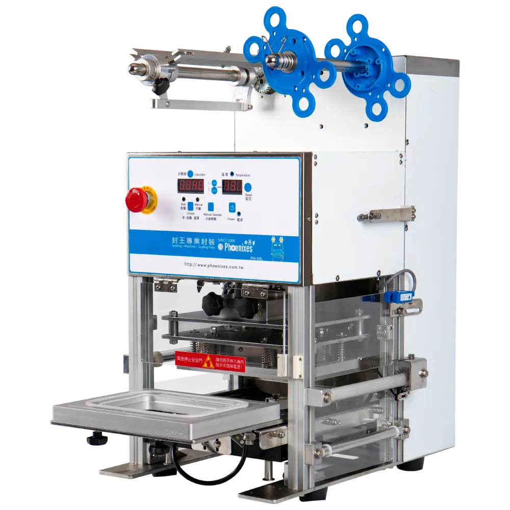 Phoenixes automatic tray sealing machine for food containers, made in Taiwan. Easy to operate with stable and efficient sealing performance.
