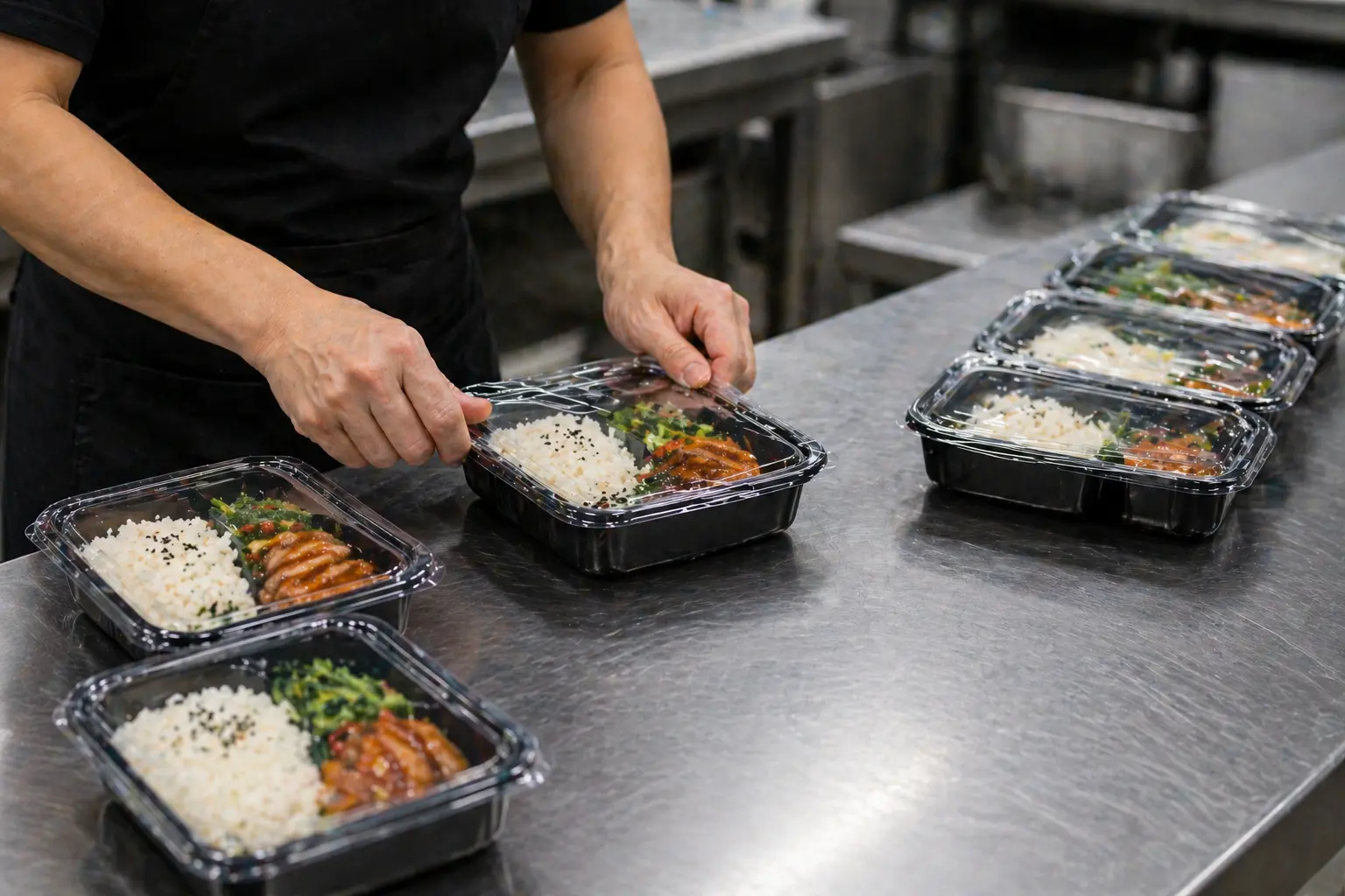 Manual food packaging slow process trays waiting