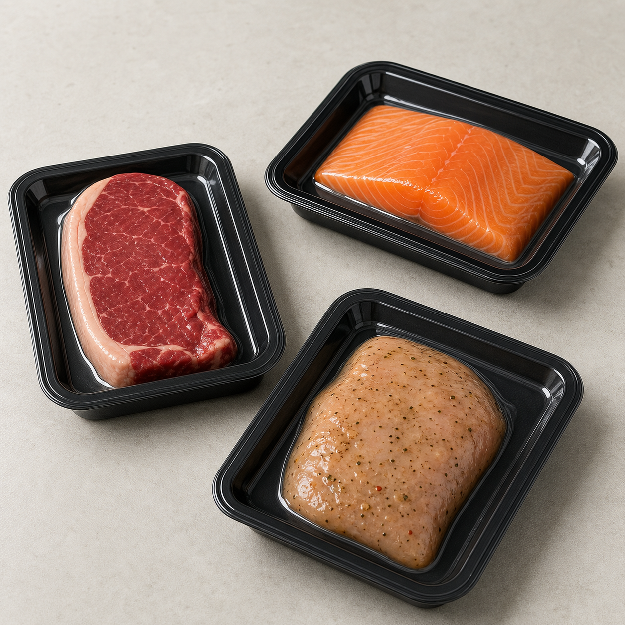 Application example of vacuum skin packaging for beef, salmon, and prepared foods