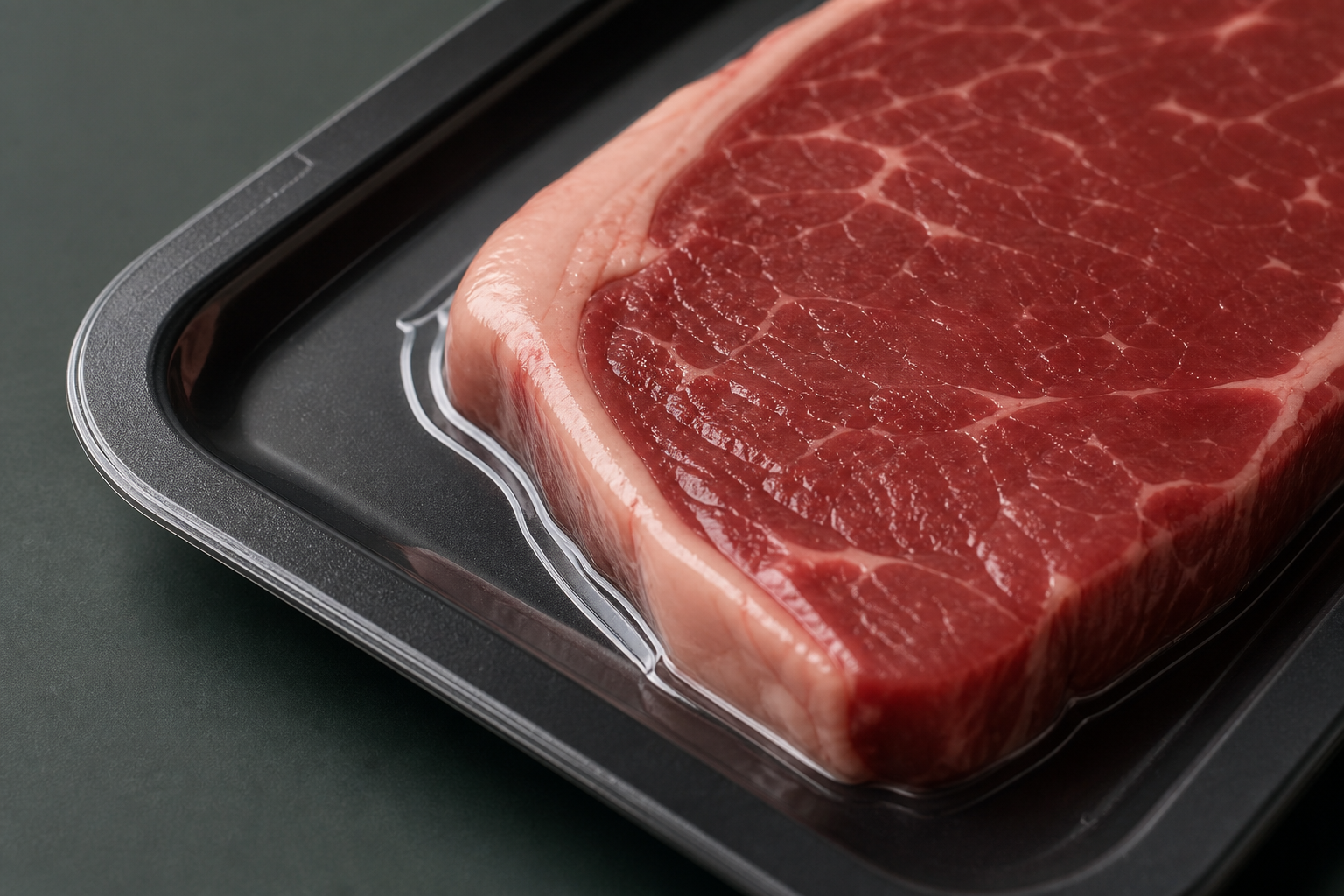 Close-up example of transparent skin film formed around beef and its container