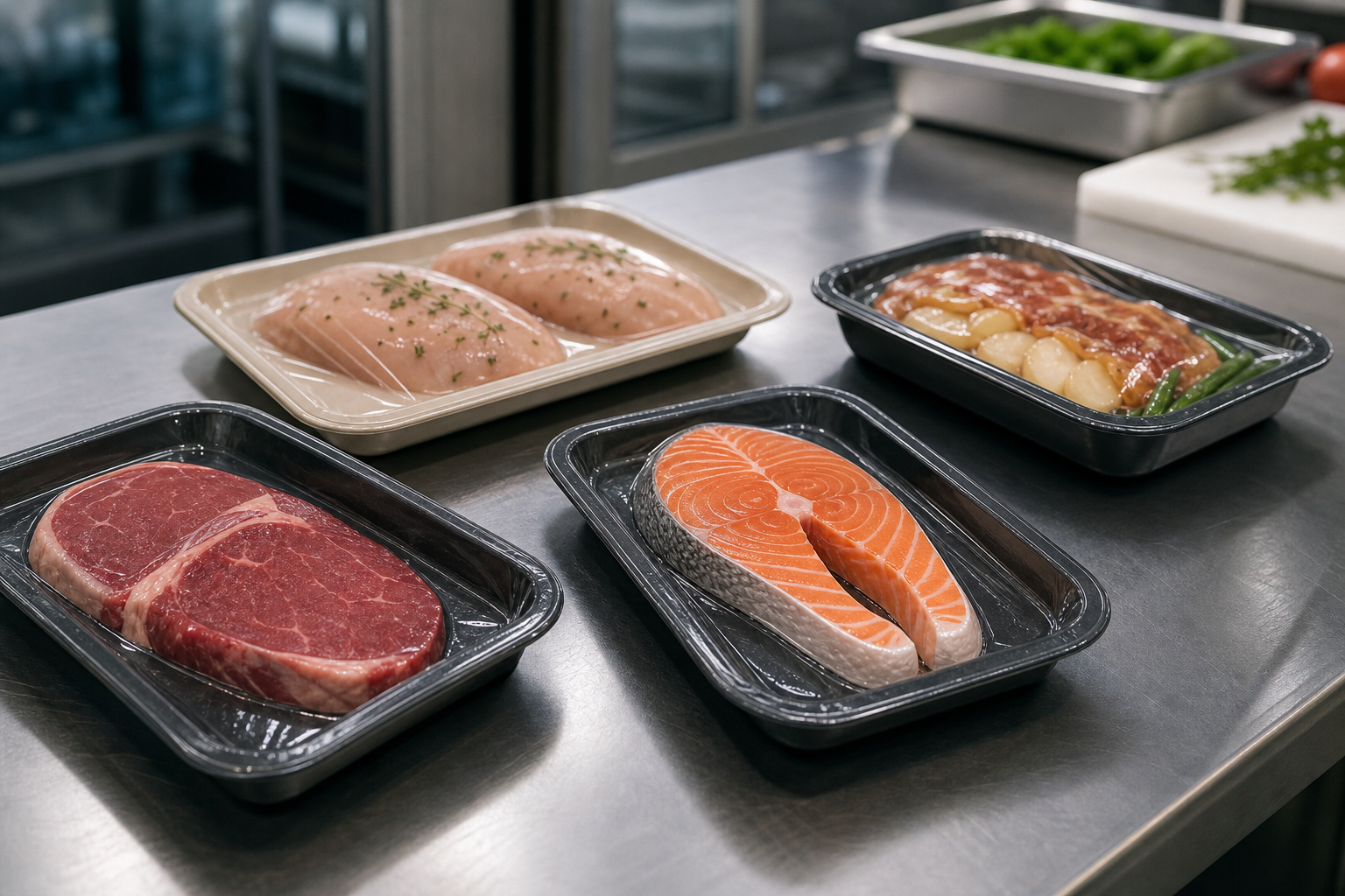 Production setting showing vacuum skin packaging for meat, seafood, and prepared foods