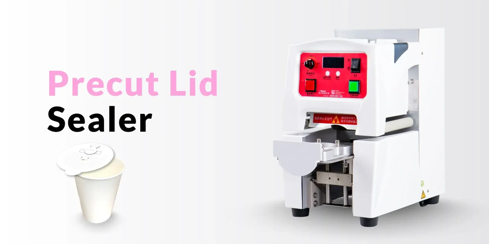 Phoenixes PH-989H precut lid cup sealer shown with a sealed paper cup