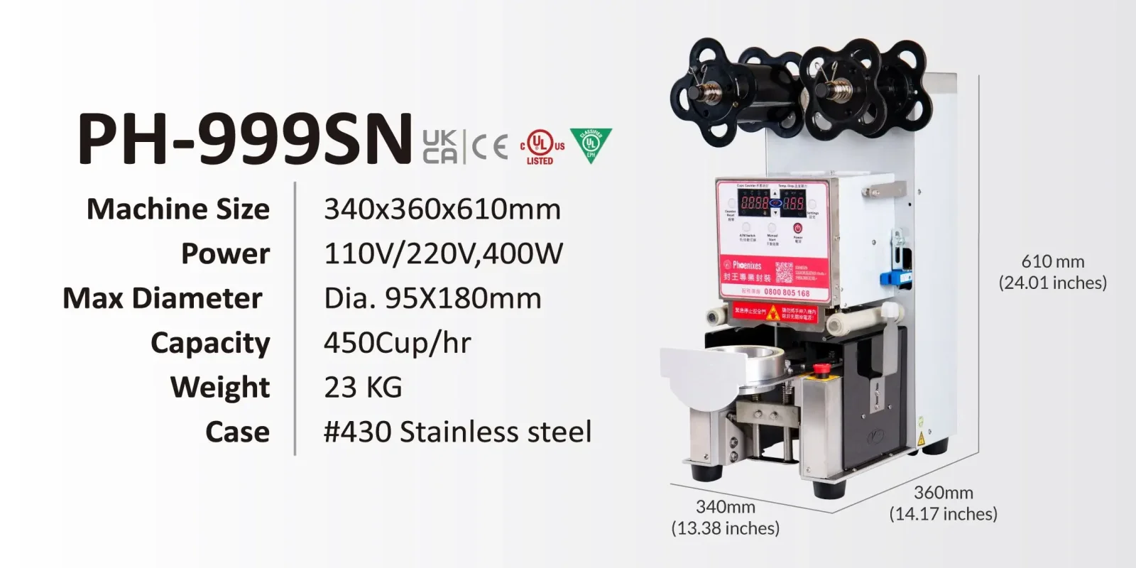 PH-999SN technical specification sheet showing machine dimensions and features