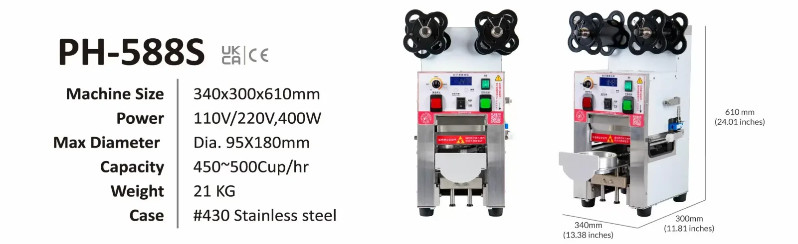 PH-588S High-Performance Drink Cup Sealer – Stainless Steel with Durable Steel Rails