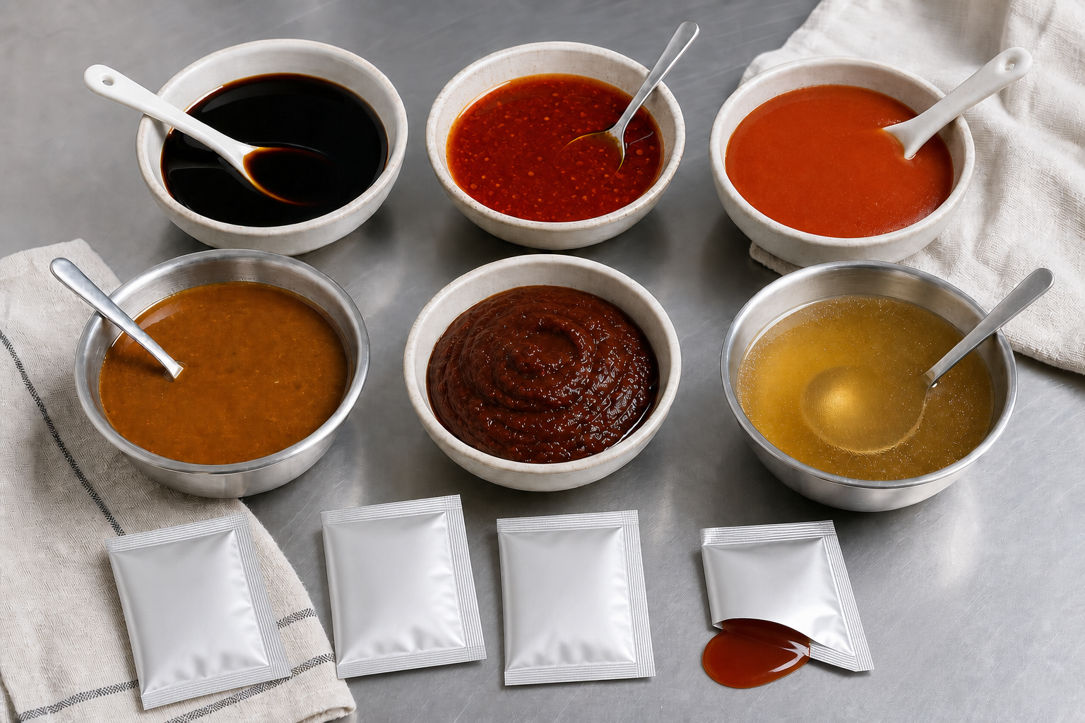 Application reference: smooth sauces and three-side-seal sachets formed from one folded film web.