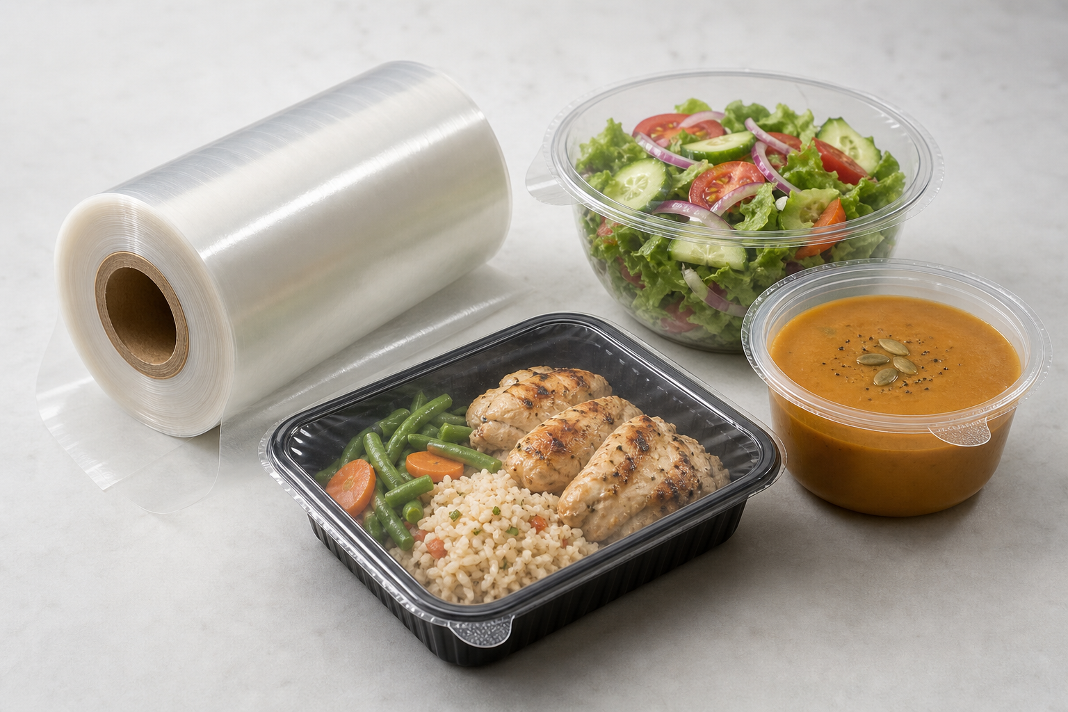 Clear tray sealing film with ready-meal containers