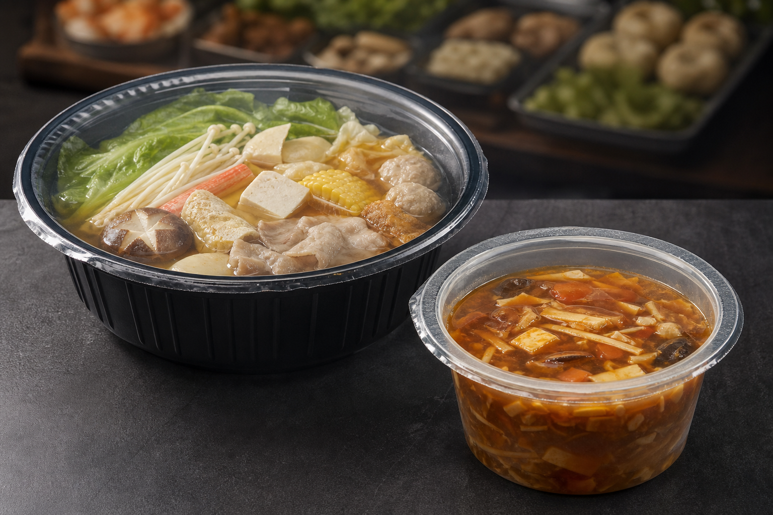 Clear sealing film on containers for soup and hot-pot food