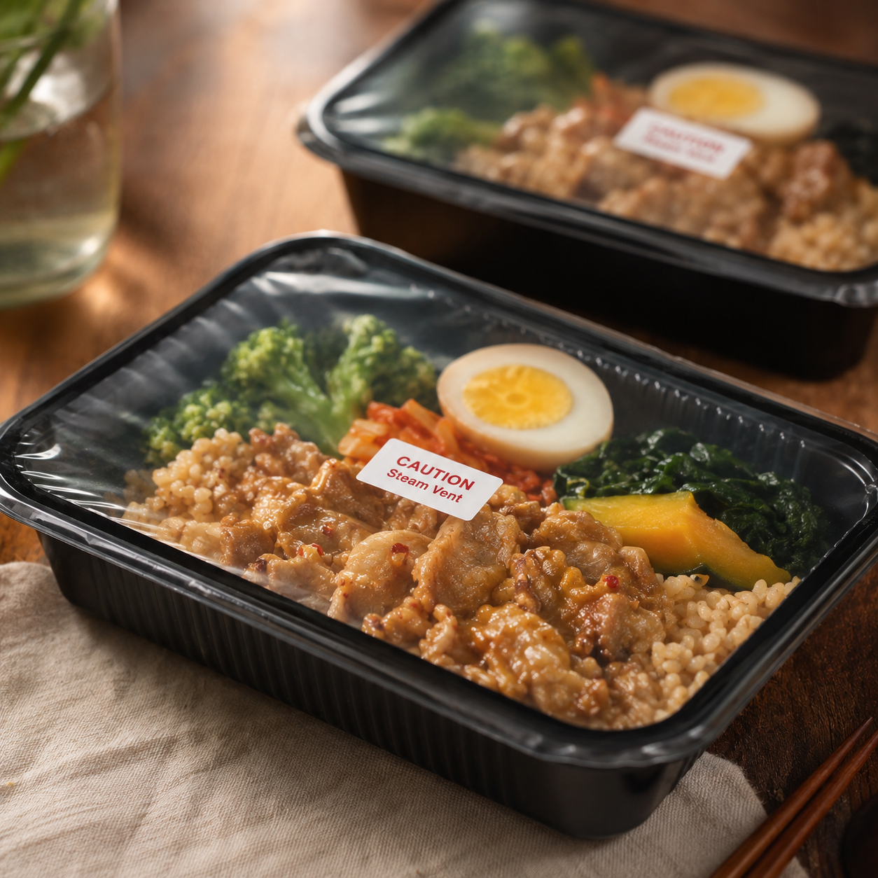 Black ready-meal containers fitted with the Phoenixes Microwave Self-venting Sticker for food production and foodservice evaluation