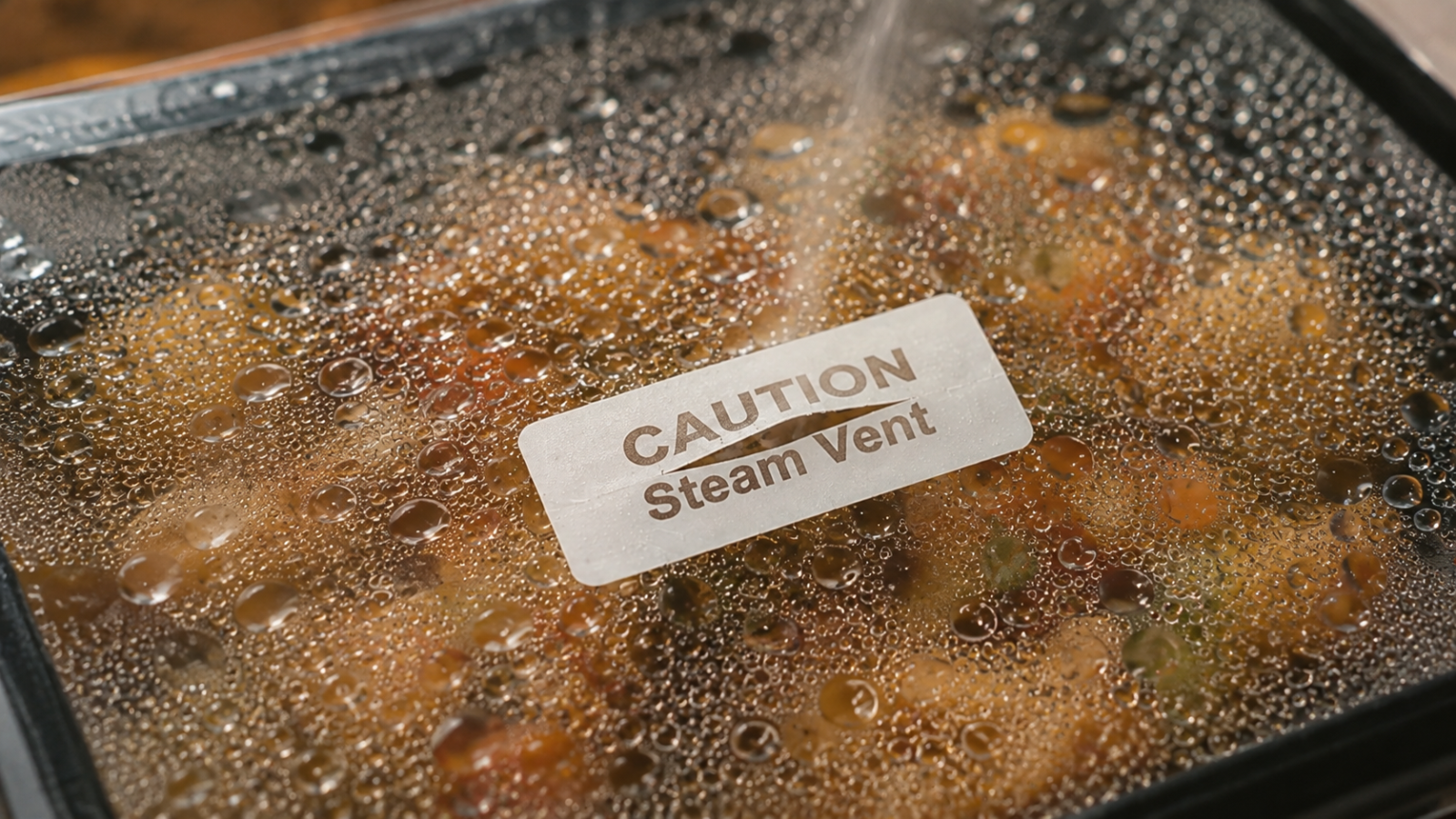 Microwave self-venting sticker process, from chilled tray to heating
