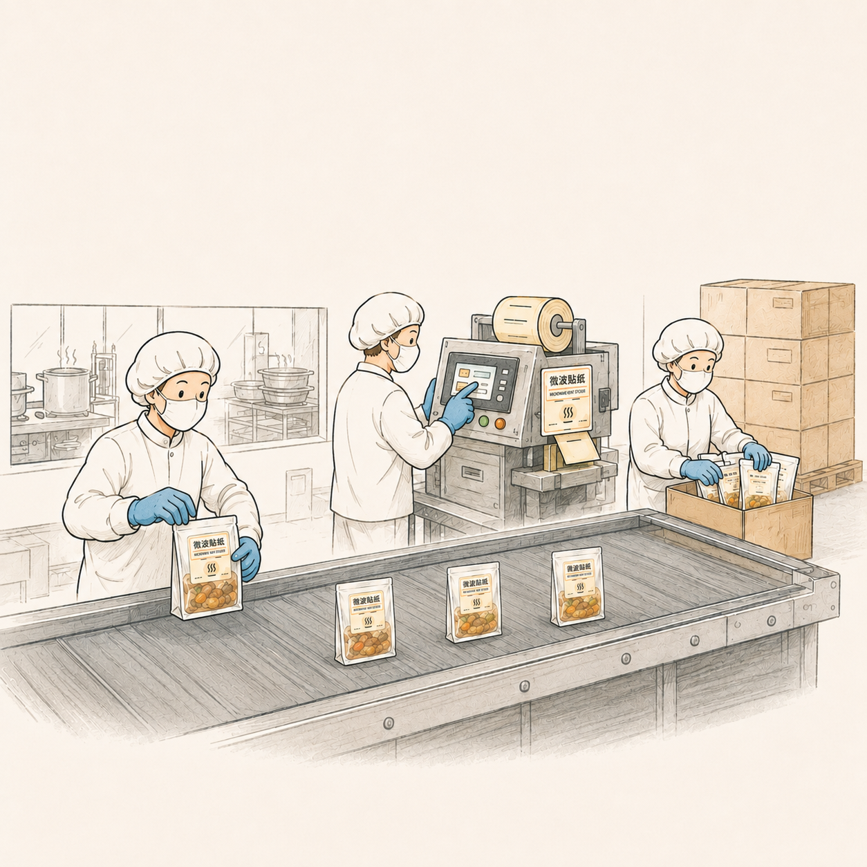 Packaging and labeling process in a food plant or central kitchen